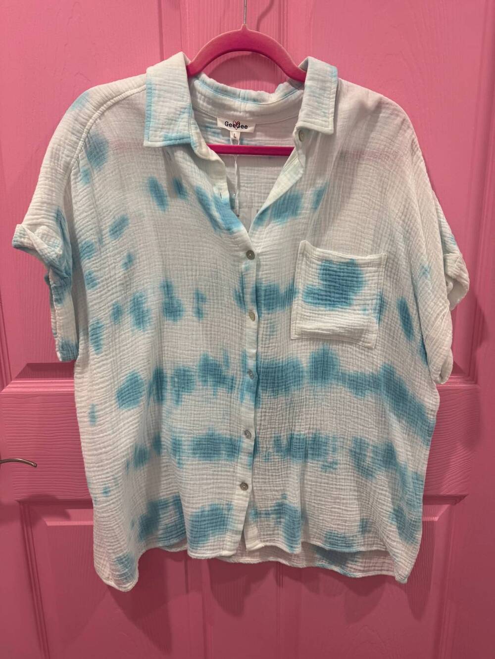 NEW GEEGEE women's tie dye button up top in blue